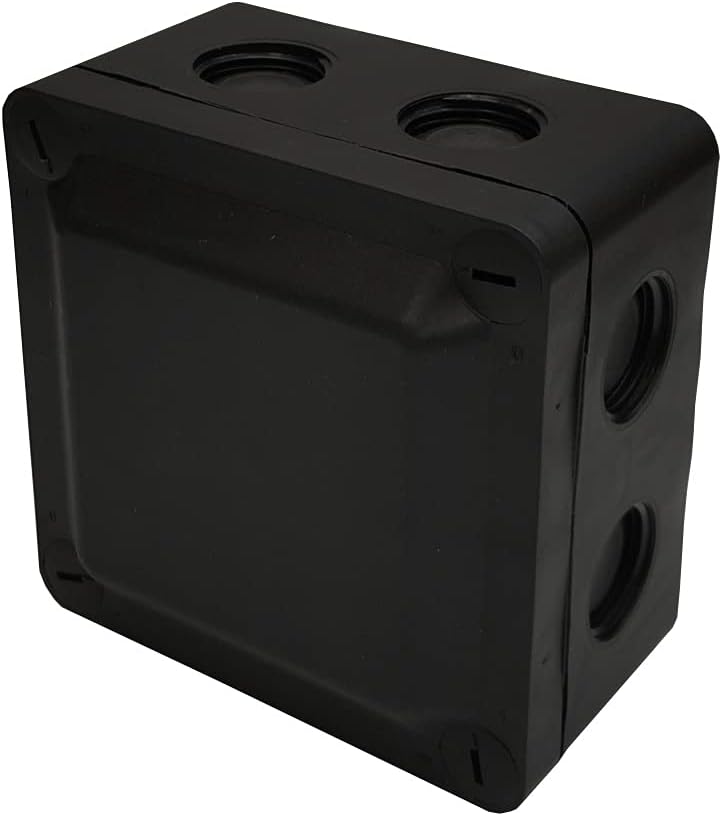 Black Waterproof Junction Box with 5 Pole 4.0mmsq Screw Terminal & 8 Self Sealing Cable Inlets (IP66 32A L:90x W:90x D:50mm)