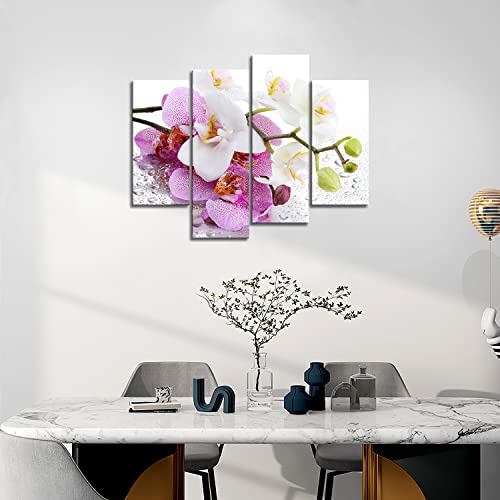 My Easy Art- Orchid Wall Art Decor Pink And White Flower With Drop Of Water Canvas Pictures Artwork 4 Panel Plant Painting Prints For Home Living Dining Room Kitchen #TOP4