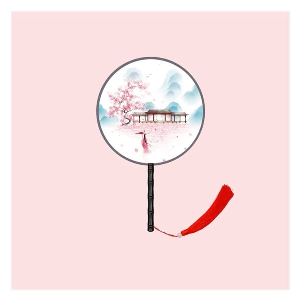 DANNMPX Display Fans Double-Sided Circular Fan Chinese Ancient Style Long Handle Tassel Han Clothing Cheongsam Hand Held(A22)