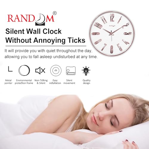 Image of RANDOM Sweep Silent Wall Clock, Non-Ticking Quartz Movement with 3D Foiling Numbers. (Rose Gold and White)