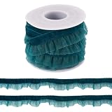 FASHEWELRY 1 Roll Velvet Ruffle Lace Trims 5/8 inch Teal Elastic Lace Ribbons 5 Yards Pleated Velvet Organza Ribbon for Gift Wrapping Christmas Decor Dress Sewing Making