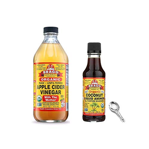 Bragg Organic Apple Cider Vinegar With the Mother 16oz and Coconut Aminos All Purpose Seasoning 10oz With Measuring Spoon Bundle