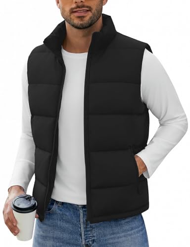 Image of WHN Men's Casual Puffer Vest Lightweight Full Zip Up Work Sleeveless Jacket Stand Collar Outerwear with 3 Pockets