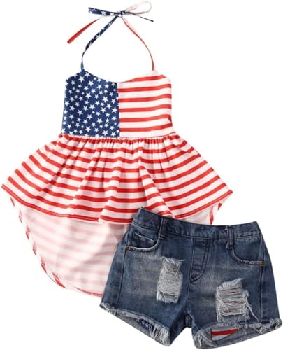 BOEBNOZCV Kids Girl Usa Outfit Halter America Flag Print Crop Top+ Ripped Hole Denim Shorts&Toddler 4th of July Summer Clothes (Striped Flag 7-8 Years)