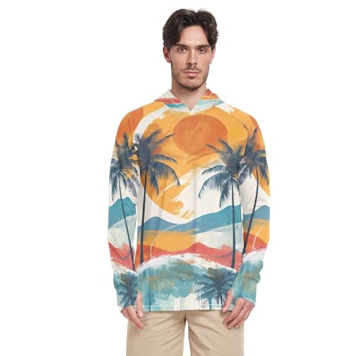 xigua Sunset Palm Tree Men's UPF 50+ Sun Shirts Quick Dry Sun Protection Hoodie With Long Sleeve 1627