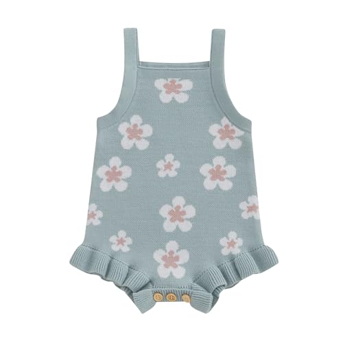 Image of VSQWLZT Infant Baby Girl Summer Sleeveless Strap Bubble Romper One Piece Newborn Knitted Floral Bodysuit Outfit