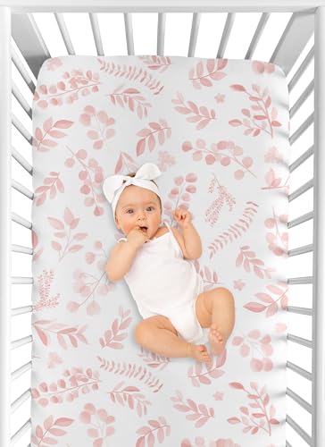 Image of Sweet Jojo Designs Blush Pink and White Boho Floral Leaf Girl Baby Fitted Crib Sheet Set Infant Newborn Nursery Toddler Bed Room Standard Mattress 2p Chic Bohemian Watercolor Botanical Flower Woodland