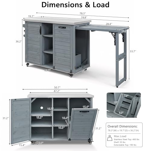 Image of Merax 78.3 inch Outdoor Kitchen Island with Foldable Grill Table, Wooden Outdoor Grill Cart with Trash Can Storage & Stainless Steel Top, Outdoor Bar Cart, Pizza Oven Table for Lawn & Garden, Dark Brown
