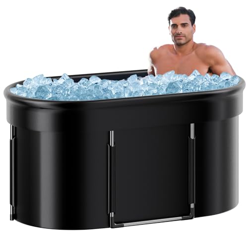 47'' Oval Bathtub with Cover, Portable Foldable Cold Plunge Bathtub, Ice Bath Cold Plunge for Outdoor & Indoor Recovery, Ergonomically Designed for The Relaxing Soaking Bath Black