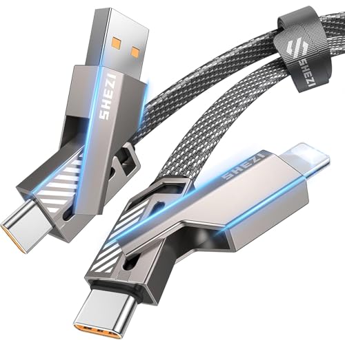 SHEZI [Upgraded 2.0] 4-in-1 USB C Cable 60W 5FT Compatible with Lightning Cable [Fast Charging & Data Transfer] Flat Braided Multi Charger Cord Combo with L/USB C/A Port for iPhone/iPad & All Devices