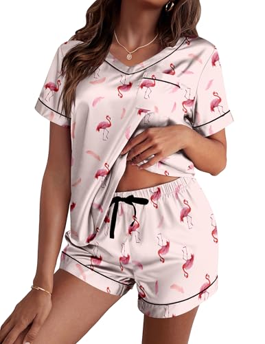 Image of Ekouaer Silk Pajama for Women Short Sleeve Satin Pj Set Two Piece Soft Sleepwear Loungewear S-XXL