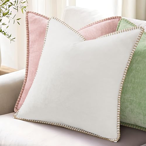 Image of decorUhome Fall Chenille Soft Cozy Throw Pillow Covers 22x22 Set of 2, Modern Farmhouse Boho Velvet Decorative Euro Sham Pillow Cases with Stitched Edge for Couch Sofa Bed Home Decor, Sage Green