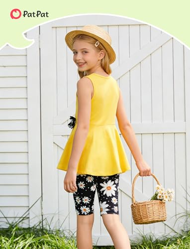 Image of PATPAT Girls Summer 2 Piece Outfits 4-12Y Butterfly Bow Sleeveless Tunic Tops and Floral Print Shorts Cute Clothes