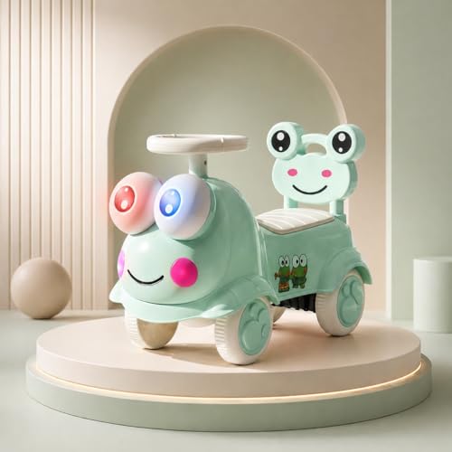 Image of Kermit Ride on Cars for Kids | Portable Kids Car with Music & Toy Storage | Indoor Baby Push Ride-ons with Lights & Safety Backrest | Outdoor Rider Cars for Kid 18+ Months (Green)