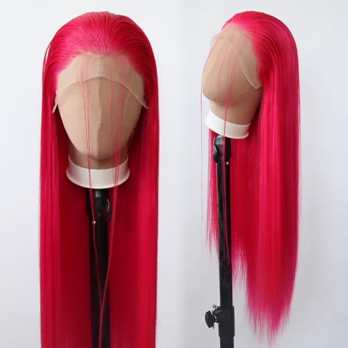Towarm Hot Pink Wig Long Straight Rose Red Pink Synthetic Lace Front Wigs Pre Plucked Natural Hairline with Baby Hair for Black Women Heat Resistant Fiber Hair Cosplay Daily Wear Wig (Hot Pink)
