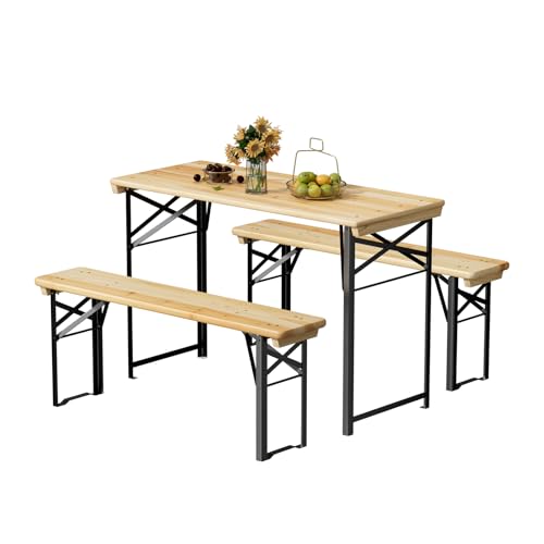 VINGLI 45 Inch Folding Picnic Tables with Benches Set, Weather-Resistant Wooden Beer Garden Table Bench, 3-Piece Portable Fold Up Camping BBQ Table,Natural Wood Color