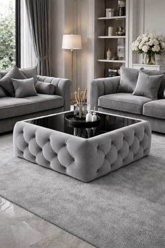 Image of Premium Tufted Upholstered Coffee Table with Mica Top - Modern Square Ottoman Center Table, Soft Velvet Finish, Luxury Living Room Furniture - 30 x 30 x 18 Inch (Grey)