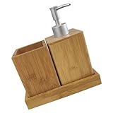 IMIKEYA Accesorios de Baño Bambú Set Multifuncional con Dispensador de Jabón y Portacepillos Vaso para Enjuague y Base Material Resistente y Diseño Elegante para Hogar