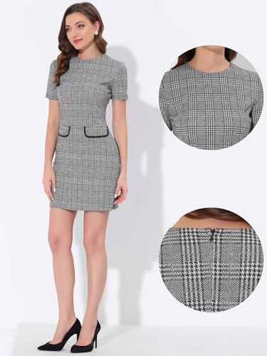 Allegra K Work Dress for Women Short Sleeve Vintage Houndstooth Above The Knee Dress2
