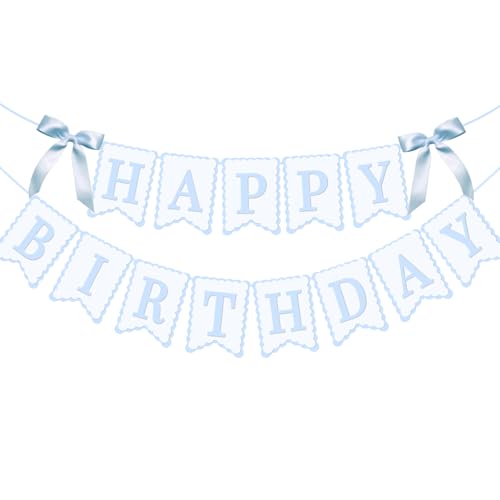Bow Happy Birthday Banner for Bow Birthday Decorations Pink Bows Garland for Women Girls Bow Birthday Party Decorations (Blue)
