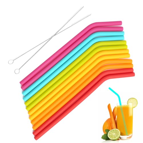Pajitas de Silicona Reutilizables con 2 Cepillo, 12 Piezas Pajitas Color para Adultos y Niño, para Bebidas Frías Juice Coffee Cóctel, Batidos, para Fiestas, Cumpleaños, Bodas
