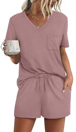Image of RUBZOOF Women's Short Sleeve Pajama Sets with Pockets Casual V Neck 2 Piece Lounge Sets S-3XL