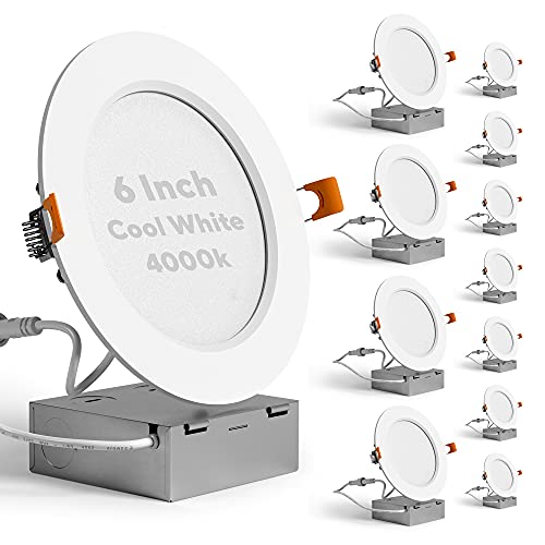 SunLake 12 Pack Recessed Lighting LED 6 inch Ceiling Downlight with Junction Box - 1050 Lumens 14 WATT (110 WATT Equivalent) Dimmable 4000k Cool White, Ultra Thin, UL and Energy Star Certified