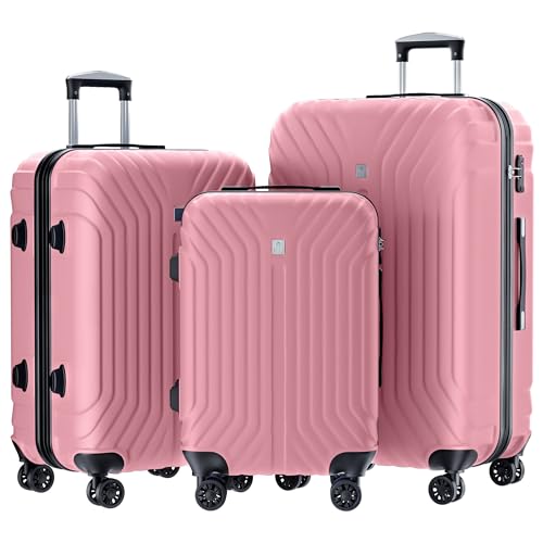 AnyZip Suitcase Set of 3 (10 Years of VIP Service) Hard Shell PC+ABS Expandable Lightweight Durable Travel Pink Hand Luggage Suitcase with Spinner Wheels TSA Lock, 20+24+28