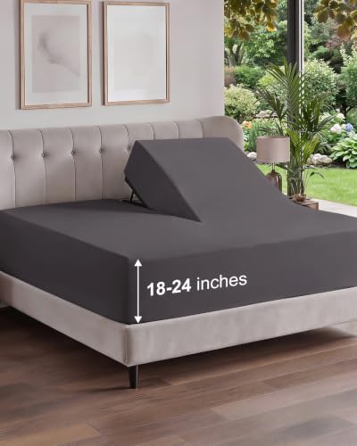 Image of Extra Deep Flex Top Split Head King Fitted Sheet - Hotel Luxury Single Fitted Sheet Only - Easily Fits 18 inch to 24 inch Mattress - Ultra Soft, Wrinkle Free w /Extra Deep Pockets - Dark Grey