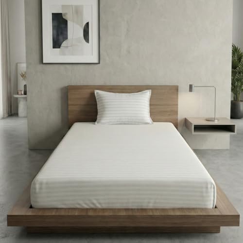 Image of Home Sizzler Microfibre Cream Satin Stripe Elasticated Fitted Single Bedsheet (72x36 Inches) with 1 Pillow Cover
