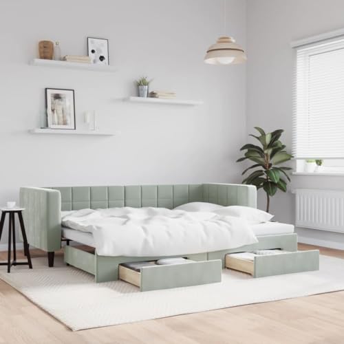 Yunovire Cama de día extensible con cajones, color gris claro, 80 x 200 cm, terciopelo, moderno sofá cama con espacio de almacenamiento, estructura de madera y metal resistente, mueble versátil para
