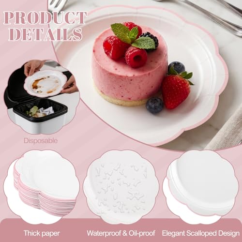 Image of NatNarr 30 Pcs Pink and White Paper Plates, 9 Inch White Plates with Pink Trim Scalloped Paper Plate Disposable for Baby Shower, Wedding, Bridal Shower, Birthday