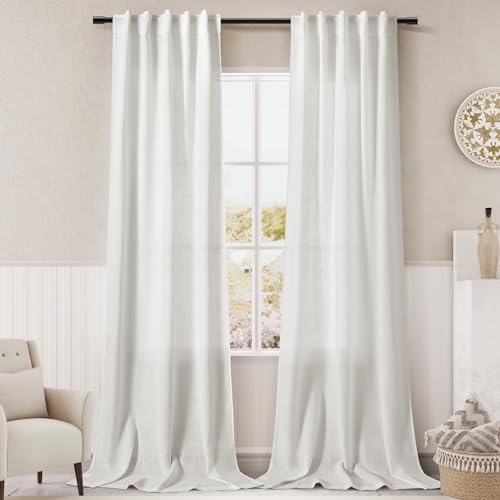 Image of Off White Linen Curtains 84 inches Long for Bedroom Back Tab Light Filtering Privacy Sheer Curtains Modern Farmhouse Coastal Decor White Cotton Textured Gauze Curtain for Living Room 2 Panel Set