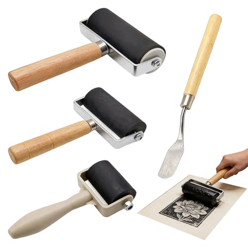 4 Pack Rubber Brayer Roller Brayer Roller for Crafts with 3 Size Printing Ink Rollers for Printmaking DIY Art Craft(+ 1 Scraper)