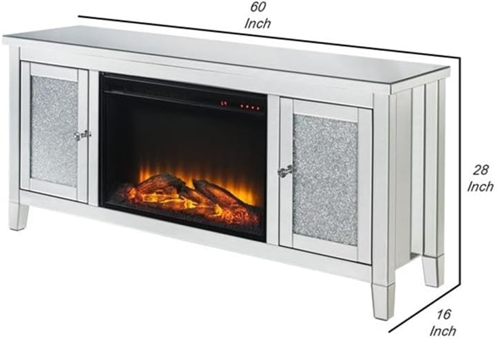 Pemberly Row TV Stand with Electric Fireplace, Faux Diamond Inlay, Silver Finish, Beveled Mirror Framing, 2 Single Door Storage Compartments, Holds up to 65 Inch TVs, Living Room Entertainment Center