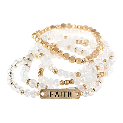 RIAH FASHION Inspirational Multi Layer Beaded Stackable Statement Bracelets - Natural Stone, Druzy Stretch Strand Slip-on Cuff Bible Christian Cross Prayer Bangle Set3