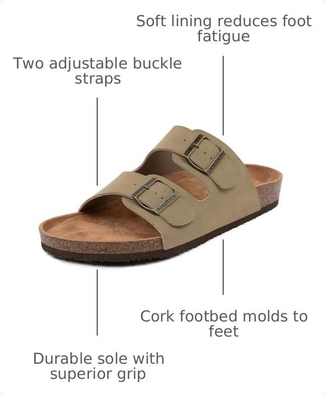 Image of Nautica Men's Sandals - Casual Slides with 2 Adjustable Buckle Straps and Cork Footbed for Ultimate Comfort and Style (Regular /Wide Width, Big Size)