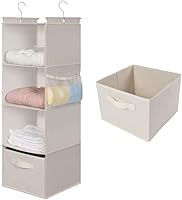 Vista 1 de MAX Houser 4-Shelf Hanging Closet Organizer, Space Saver, Cloth Hanging Shelves with 2 Side Pockets, Foldable (Beige)