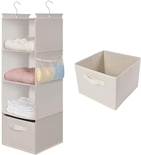 4-Shelf Hanging Closet Organizer, Space Saver, Cloth Hanging Shelves with 2 Side Pockets, Foldable (Beige)