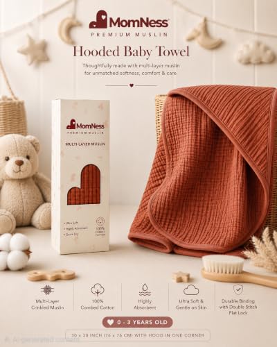 Image of Baby Hooded Bath Towel 100% Cotton Muslin 76x76 cm, 0-3Y, Newborn | Breathable, Lightweight,100% Muslin Cotton