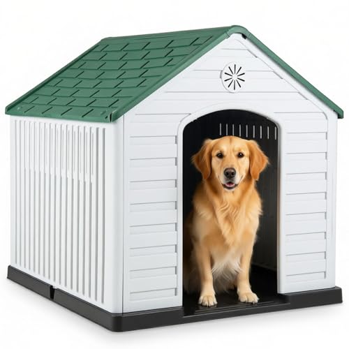 Maxmass Plastic Dog House Weather-Resistant Dog Kennel with Roof Elevated Floor Air Vents Indoor Outdoor Pet House Waterproof Pet Cage Large Pet Shelter for Dogs Cats Rabbits (Deep Green+White)