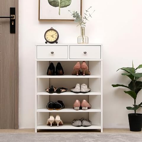 Angel Sar 4-Tier Shoe Rack for Front Door Entrance, 12-15 Paris Shoes Narrow Shoe Organizer with 2 Drawers & 1 Side Hook, Freestanding Shoe Shelf, White Wooden Shoe Rack for Entryway, Closet, Hallway Cover