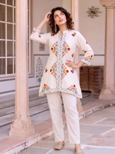 Image of ANNI Designer Women Kurta Set | Cotton Embroidered A-Line Kurta with Pant Co-ord Set | 3 /4 Sleeve Mandarin Collar Kurti Set for Women | Daily Office Party Wedding Ethnic Suit