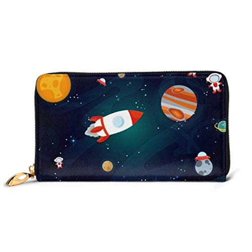 Preisvergleich Produktbild JHGFG Mode Handtasche Reißverschluss Brieftasche Vektor-Illustration Raum Flacher Hintergrund Rakete Telefon Kupplung Geldbörse Abendkupplung Blockieren Leder Brieftasche Multi Card