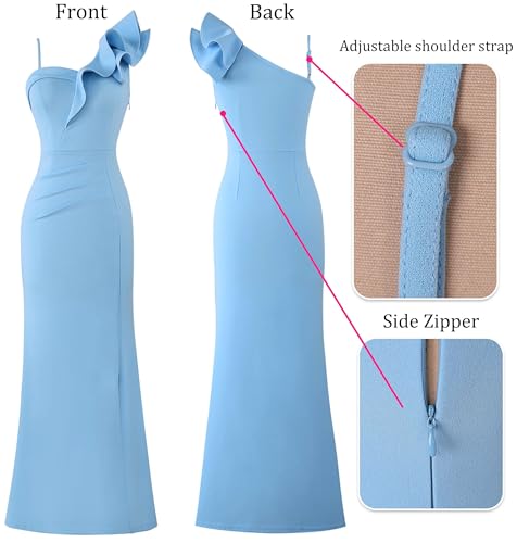 Image of VFSHOW Womens Ruffle One Shoulder Strap Ruched Formal Prom Wedding Maxi Dress V Neck Elegant Split Cocktail Evening Long Gown