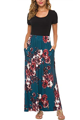 Zattcas Maxi Dress with Sleeves Women Summer Long Dresses with Pockets,Black Teal,Medium