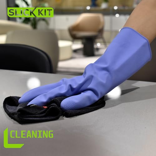 SLICK KIT Rubber Kitchen Cleaning Gloves, Reusable Dishwashing Gloves, Non-Slip, with Flocked Liner, 3 Pairs Pink+Yellow+Blue - Image 6