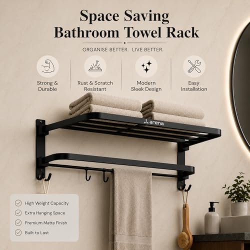 Image of Arena18 inch Folding Towel Rack with Shelf Stainless Steel Towel Holder in Bathroom Wall Mounted Towel Rack Stand in Bathroom Durable & Space Saving Matte Black Finish Bathroom Organizer (Packof 1)