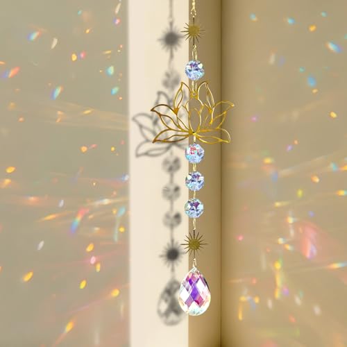 Soodyoow Lotusblüten Sonnenfänger Kristall 45cm Sonnenfänger Suncatcher Kristall Kristalle zum Aufhängen Sonnenfänger Fenster für Fensterdeko Haus Büro Auto und Garten