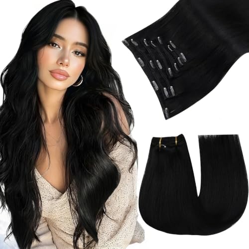 Image of Easyouth Human Hair Clip in Extensions Black, 22 Inch 120g 7pcs, Human Hair Extensions Clip ins, Jet Black, Quick Diy Installation, Straight Clip in Hair Extension